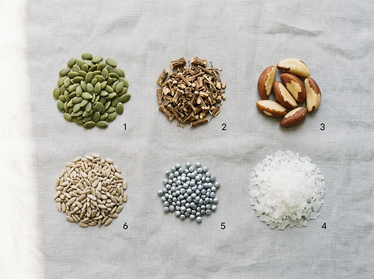 Pompoenzaad, brandnetelwortel, braziliaanse noten en magnesiumvlokken als selenium vitamine E antioxidant supplement ingrediënten