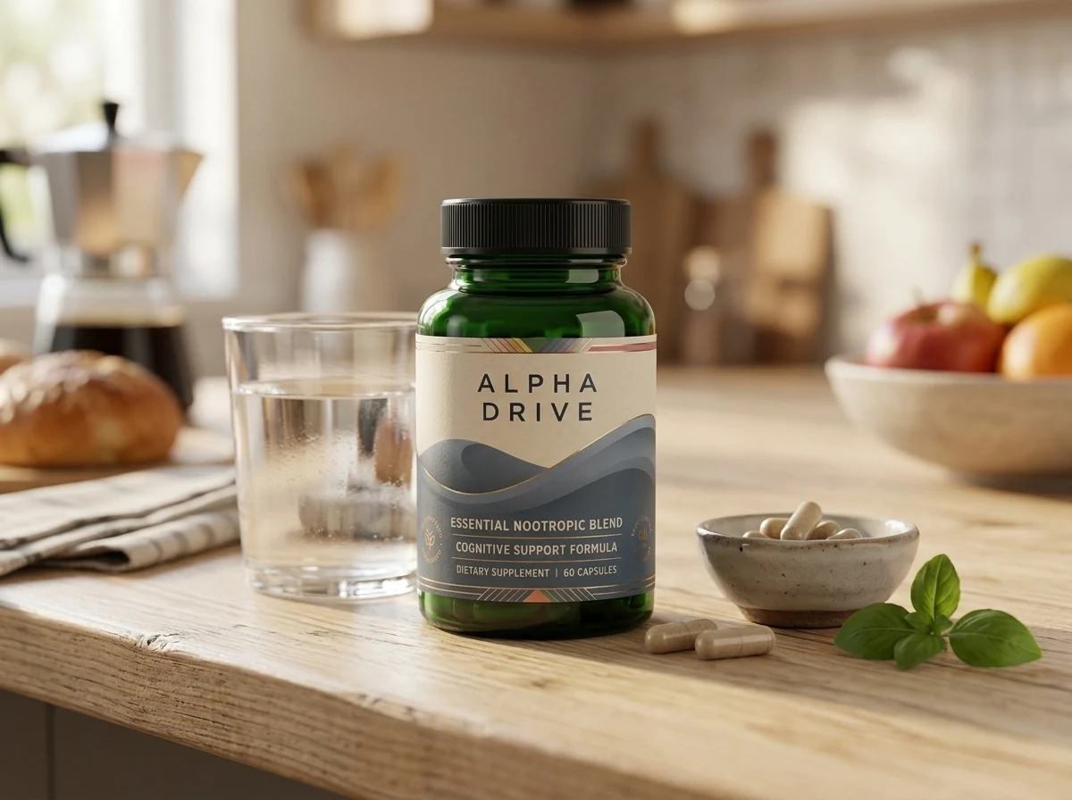 Alpha Drive witte supplement pot op steen ondergrond met water, prostaatgezondheid supplement mannen 50 plus