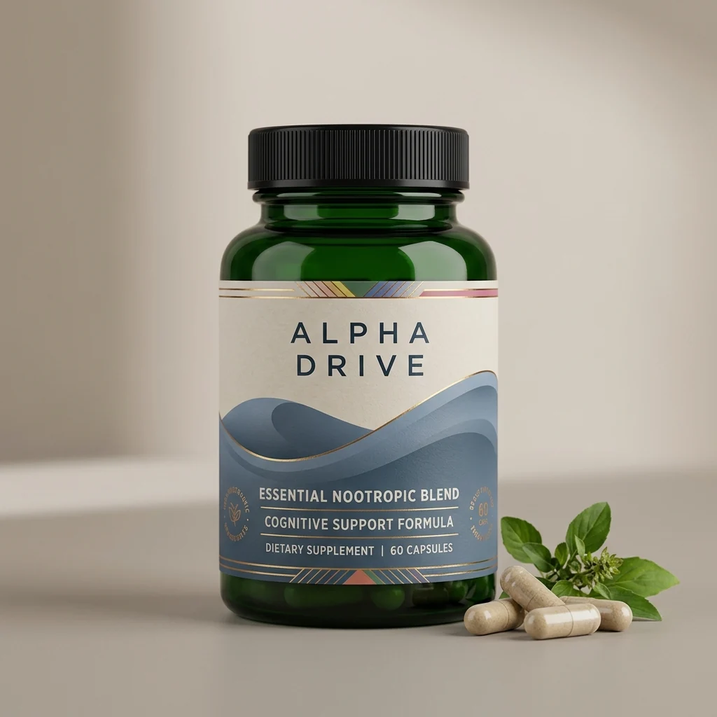 Alpha Drive witte supplement pot met lichtblauwe etikette, prostaatgezondheid capsules mannen 50 plus